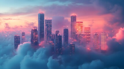 Fototapeta premium A metropolitan city skyline rises from the cloudy atmosphere below