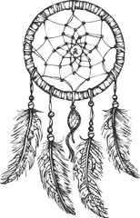 Black and white illustration of a dreamcatcher with feathers and intricate design.