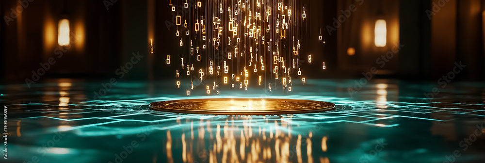 Aufkleber in a vibrant digital landscape, glowing symbols cascade down, creating a mesmerizing visual of inter