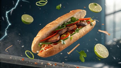 Banh Mi Sandwich Levitating with Fresh Ingredients and Dynamic Effects