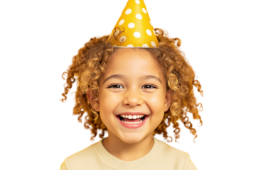 Child with curly hair wearing yellow party hat with white polka dots on white background. Concept of celebration. Ai generative