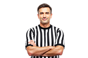 Referee in striped uniform, photo style, white background, concept of authority. Ai generative