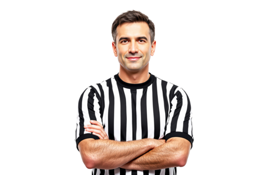 Referee in striped uniform, photo style, white background, concept of authority. Ai generative