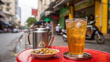 Iced Tea Refreshment with Nuts on Red Table in Vietnam Street Cafe