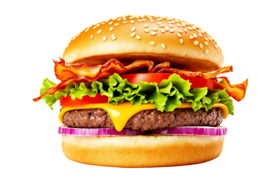 Cheeseburger with bacon, lettuce, tomato, and onion, graphic style, white background, concept of fast food. Ai generative