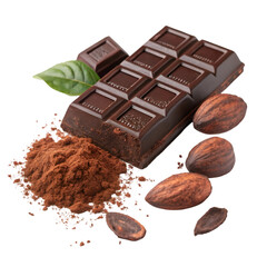 Dark Chocolate: Cocoa Beans & Powder on trasparent background