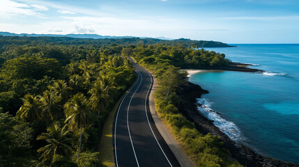 Fototapeta premium An idyllic tropical island setting with a smooth coastal road meandering through palm forests, past secluded beach coves with crystal-clear waters and colorful coral reefs nearby.