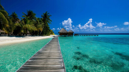 Fototapeta premium A stunning Maldives-style paradise with a peaceful coastal road leading to a luxury overwater bungalow, surrounded by lush coconut palms, white sand beaches, and turquoise lagoons.