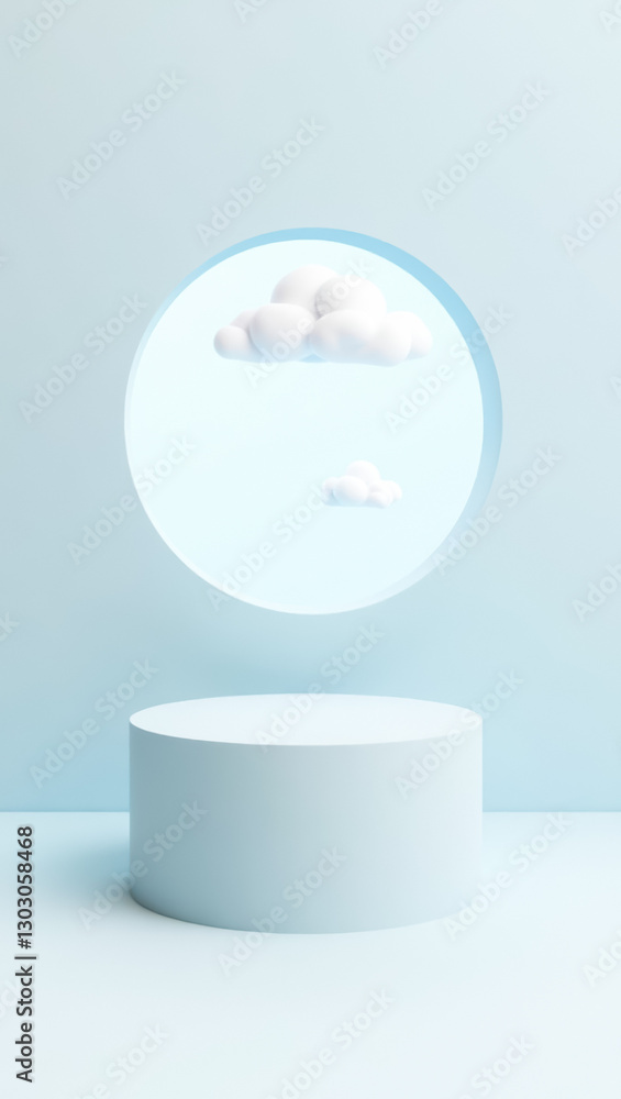 Poster minimalist 3d render of a cylindrical platform with fluffy clouds in a circular window