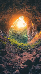 A stunning view from within a cave, with sunlight pouring through the opening, illuminating the green forest below, symbolizing adventure, exploration, and the beauty of nature.