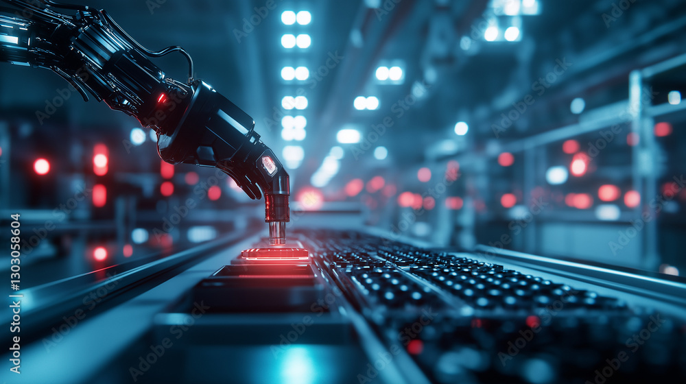 Aufkleber a robotic arm works on an assembly line, placing components onto a product in a large, automated fac