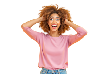 Woman with curly hair in pink top, isolated on white background, concept of surprise. Ai generative