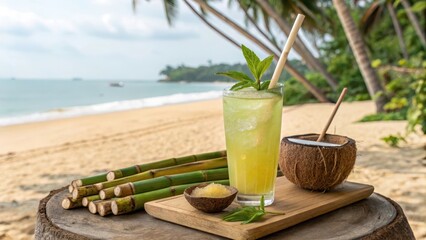 Tropical Drink with Mint Garnishes Near Sugar and Coconut on Beach