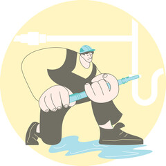 A plumber with a wrench fixes a leak