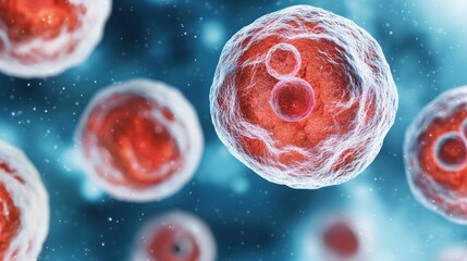 Microscopic view of red cells on a blue background.