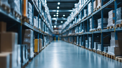 Rows of shelves in a massive warehouse filled with products, with workers efficiently picking and packing orders for shipment.