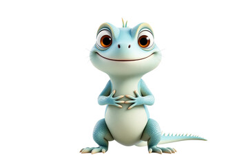 Cartoon lizard character standing with hands clasped on white background. Concept of cuteness. Ai generative
