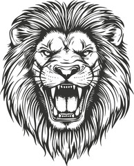 Black and white illustration of a roaring lion head with detailed mane.
