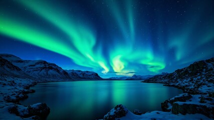 Naklejka premium Stunning Aurora Over Arctic Mountains – A Majestic Display of Winter's Natural Beauty Under a Starry Night Sky