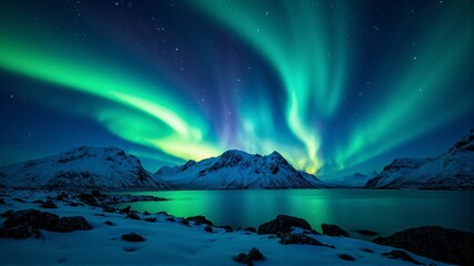 Naklejka premium Stunning Aurora Over Arctic Mountains – A Majestic Display of Winter's Natural Beauty Under a Starry Night Sky