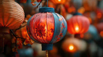 Glowing lanterns illuminate the night with warm hues, intricate floral patterns, and festive charm, evoking a sense of tradition, celebration, and cultural beauty.