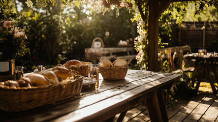 Outdoor dining picnic table with bread and food in a rustic nature setting under sunlight