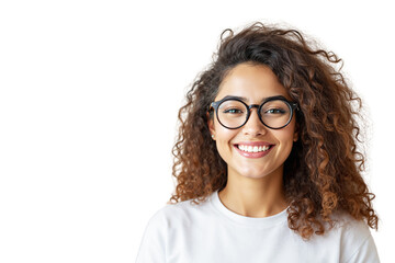 Obraz premium Curly haired person in white shirt, photo style, white background, concept of fashion. Ai generative