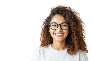 Curly haired person in white shirt, photo style, white background, concept of fashion. Ai generative