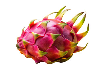 Fresh dragon fruit with bright pink skin and protruding green tip, isolated on white background. The striking color display and unique shape of this fruit create a fresh and exotic impression, perfect