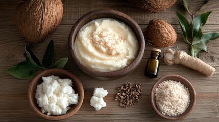 Coconut oil, butter, flakes & cream in bowls on wood.