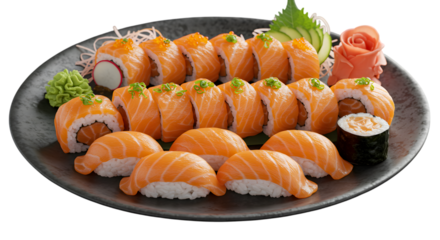 Delicious Fresh Salmon Sushi Rolls And Nigiri With Rice And Garnishes Served On A Black Plate Isolated On A Transparent Background PNG.