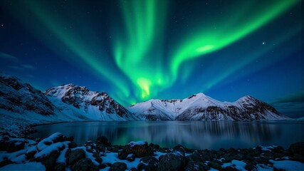 Naklejka premium Stunning Aurora Over Arctic Mountains – A Majestic Display of Winter's Natural Beauty Under a Starry Night Sky