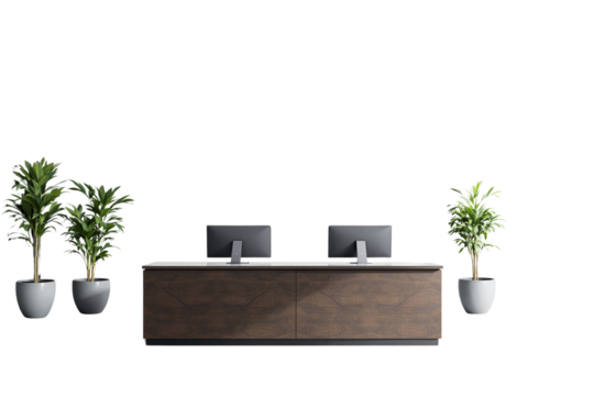 Office reception desk with monitors and plants, realistic style, white background. Concept of business. Ai generative