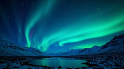 Naklejka premium Mesmerizing Northern Lights Reflected Over a Frozen Arctic Lake – A Spectacular Natural Phenomenon Under the Night Sky