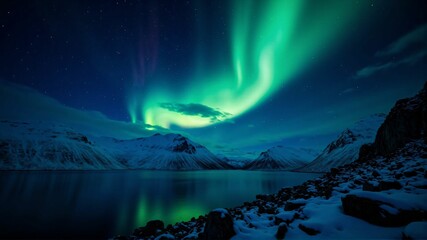 Naklejka premium Mesmerizing Northern Lights Reflected Over a Frozen Arctic Lake – A Spectacular Natural Phenomenon Under the Night Sky