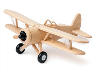 Wooden toy biplane model on white background. Detailed craftsmanship, natural wood finish, black wheels. Classic aircraft design