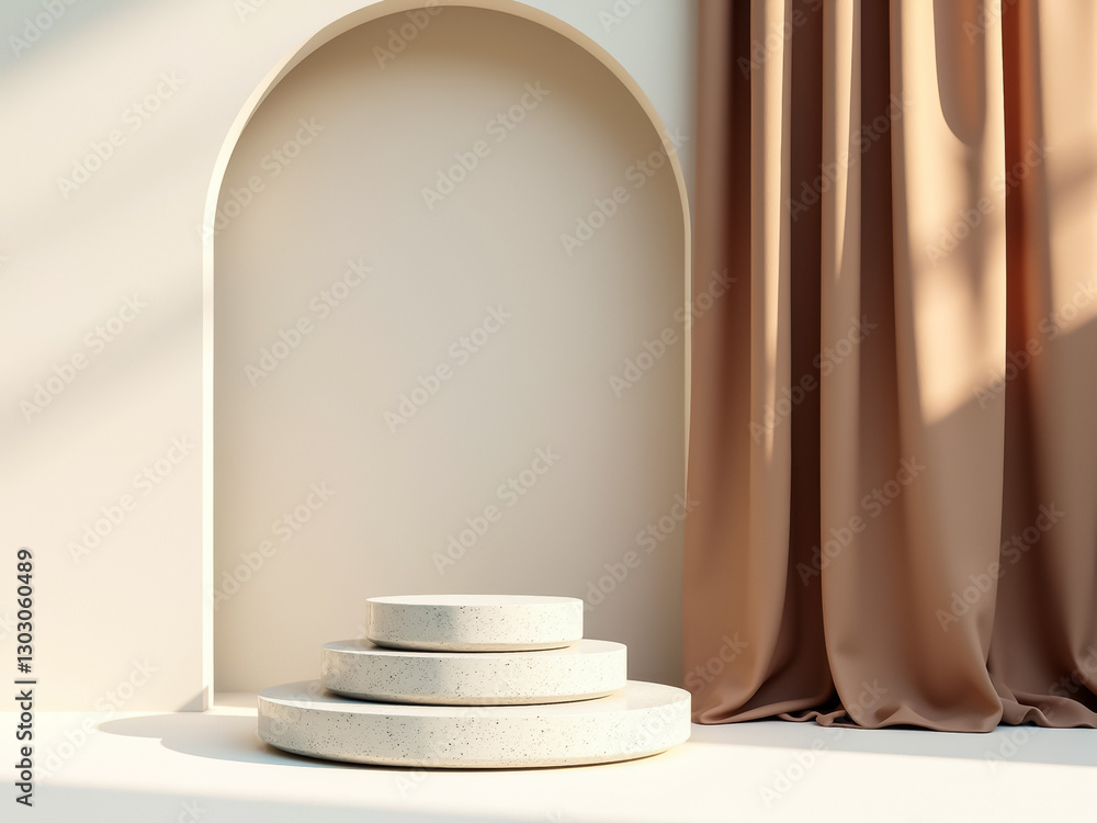 Poster three-tiered minimalist display stand in a serene setting
