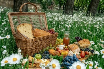 Outdoor Picnics A picnic basket surrounded by flowers, filled with bread, fruits, and pastries on a sunny day.