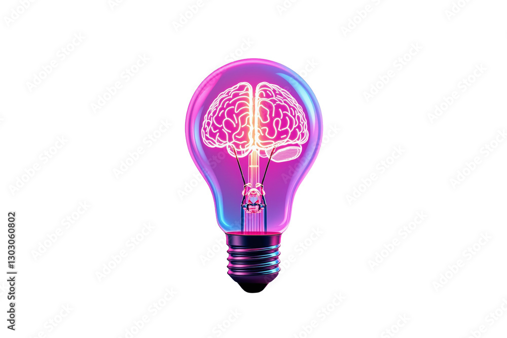 Poster Light bulb with brain inside. Neon graphic style on white background. Concept of idea. Ai generative