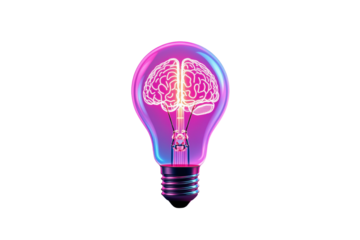Light bulb with brain inside. Neon graphic style on white background. Concept of idea. Ai generative