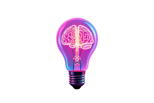 Light bulb with brain inside. Neon graphic style on white background. Concept of idea. Ai generative