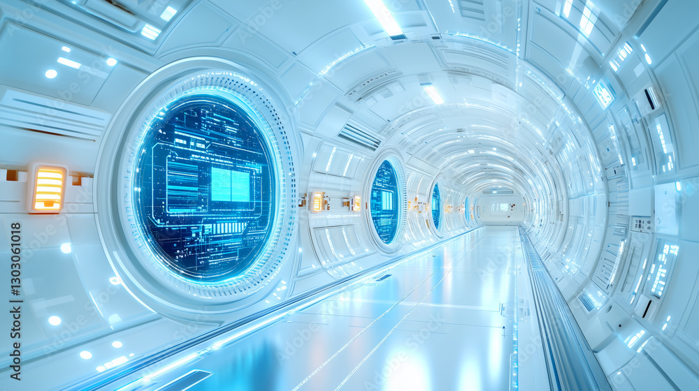 Poster a sleek corridor designed for advanced technology features illuminated panels and glass-like windows