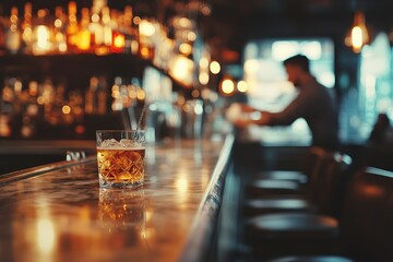 Drink with ice in glass cup on marble bar counter. On blurred background bottles and young man. Warm lighting. Leisure concept.
