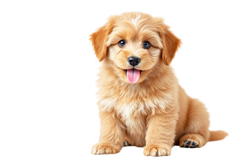 Obraz premium Fluffy puppy sitting, realistic style, white background, concept of pet adoption. Ai generative