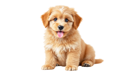 Fluffy puppy sitting, realistic style, white background, concept of pet adoption. Ai generative