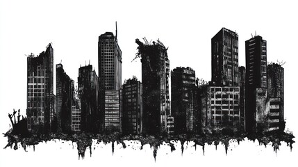 Naklejka premium Post-Apocalyptic Cityscape: A Monochromatic Ruin