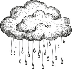 Hand-drawn illustration of a cloud with rain drops on white background.