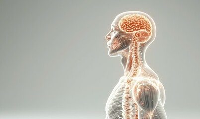 human figure and sketch concept. Transparent human figure with highlighted brain showcasing anatomical structure.
