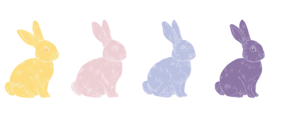 Set of four seated rabbits in pastel colors. Transparent background