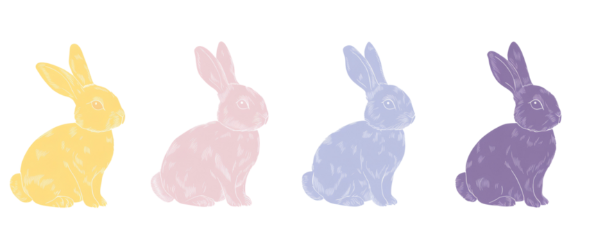 Set of four seated rabbits in pastel colors. Transparent background - Powered by Adobe